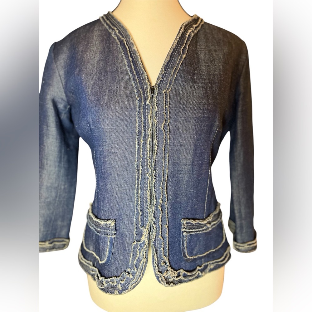Lida Baday Cropped Denim Zip Jacket Raw Hem Design Distressed Cotton/Silk Size 6